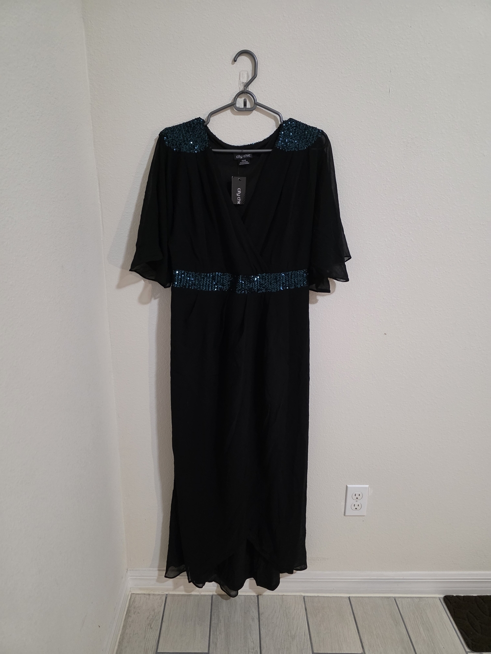 City Chic Black Maxi Dress with Teal Sequin Shoulders and Waist